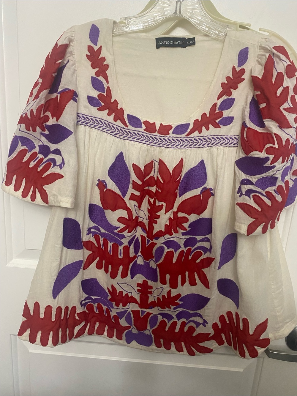 Antik Batik Embroidered Floral Puff-Sleeve Top in Red & Purple on White Cotton